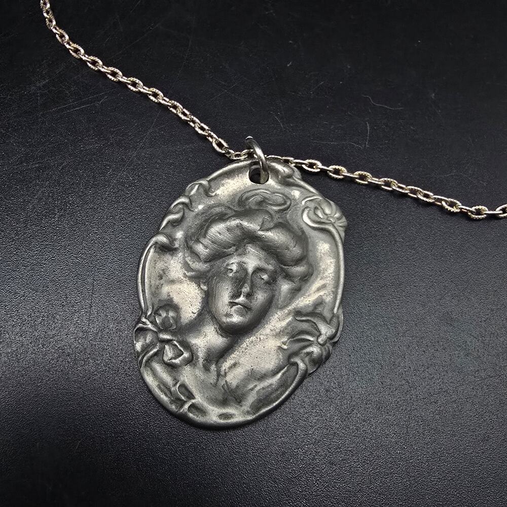 Pewter Cameo Pendant Necklace Victorian Revival Vintage Jewelry